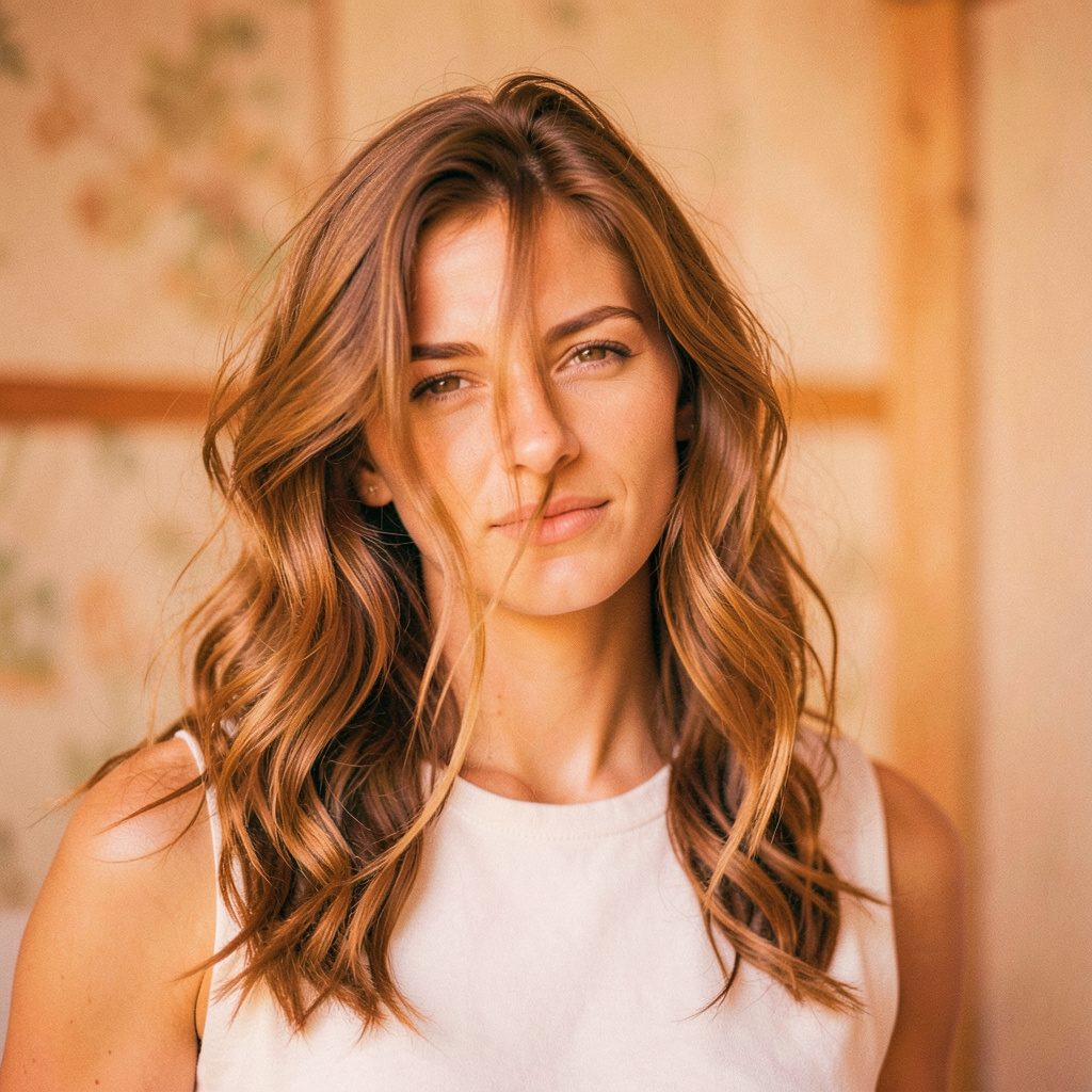 Sunlit hair care scene with loose strands and warm neutral summer colours