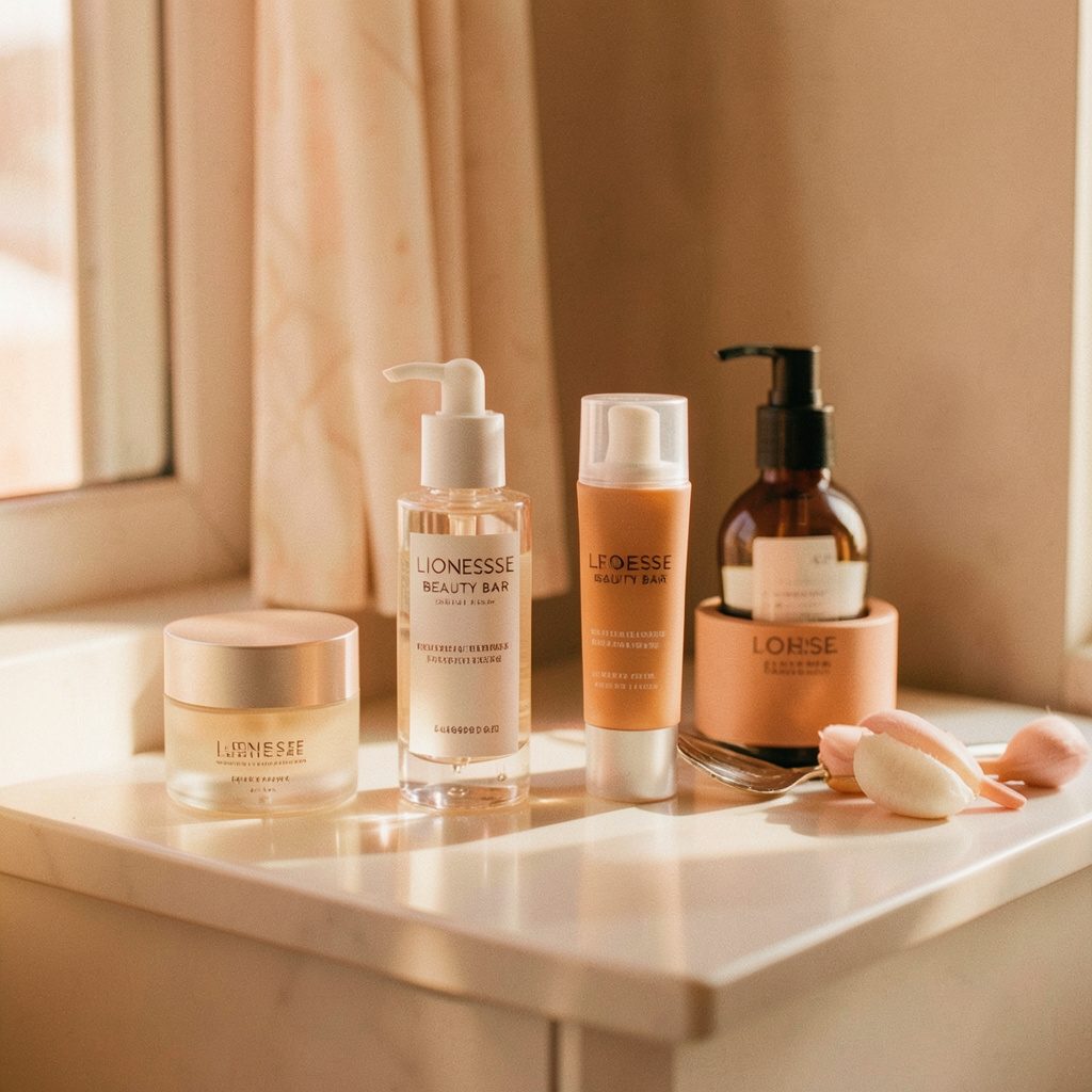 Travel-size beauty essentials arranged on a pale blush surface, soft daylight and muted tones