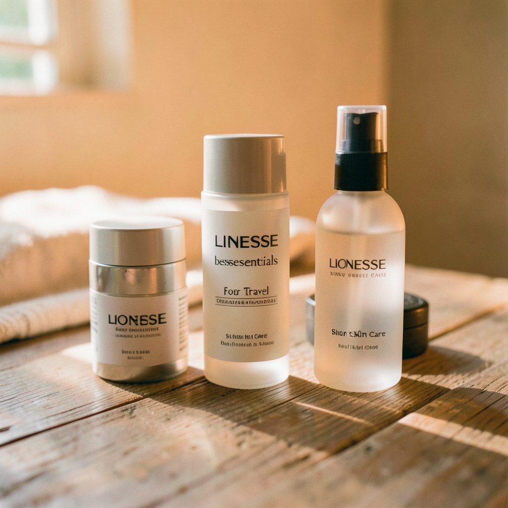 Skincare bottles and a folded cloth on a soft off-white vanity top, gentle shadow